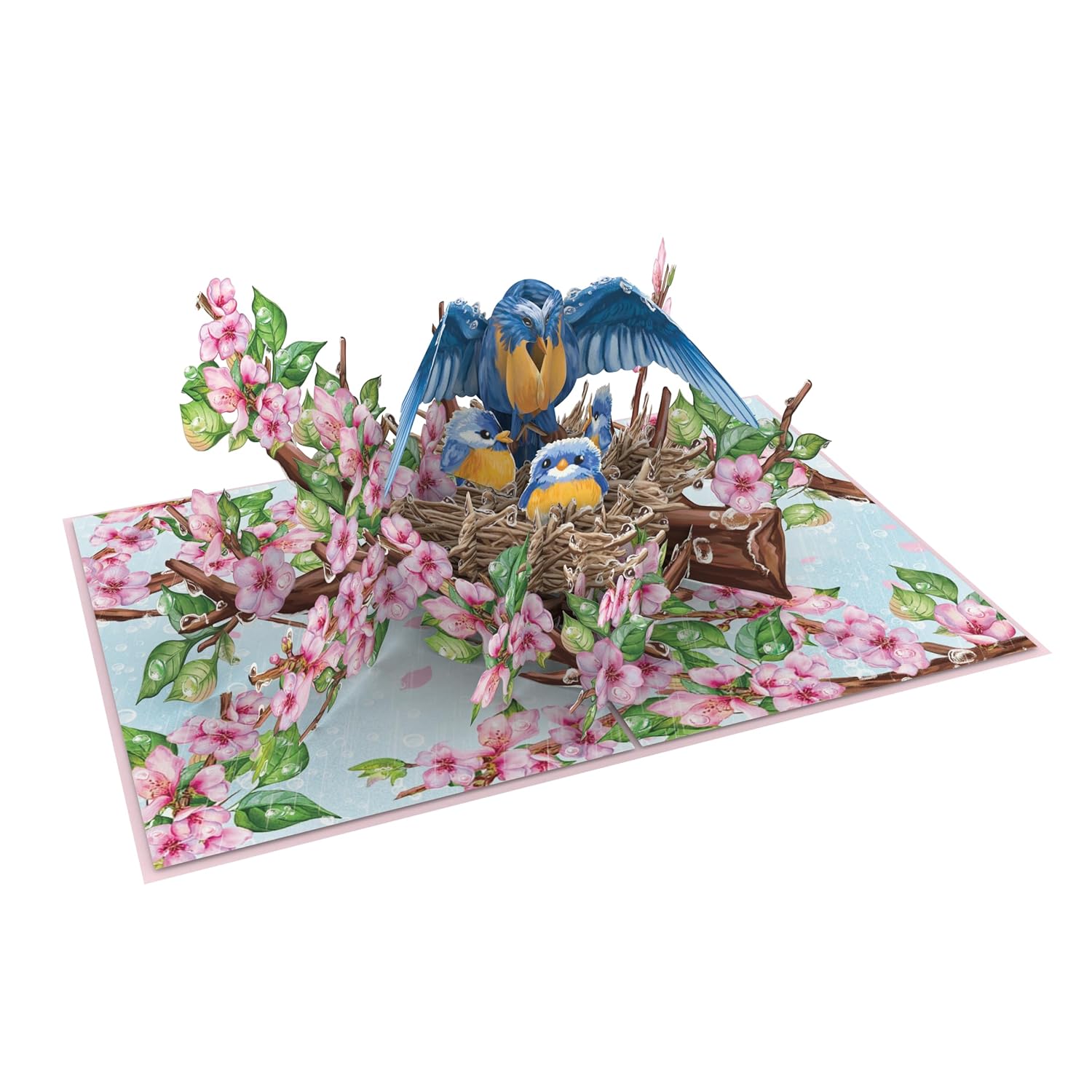 Nesting Birds Cherry Blossom 3D Pop-Up Card 5" X 7", Mother’S Day Greeting For Mom, Wife, Grandma, Beautiful Bluebird Family Floral Design With And Note Card