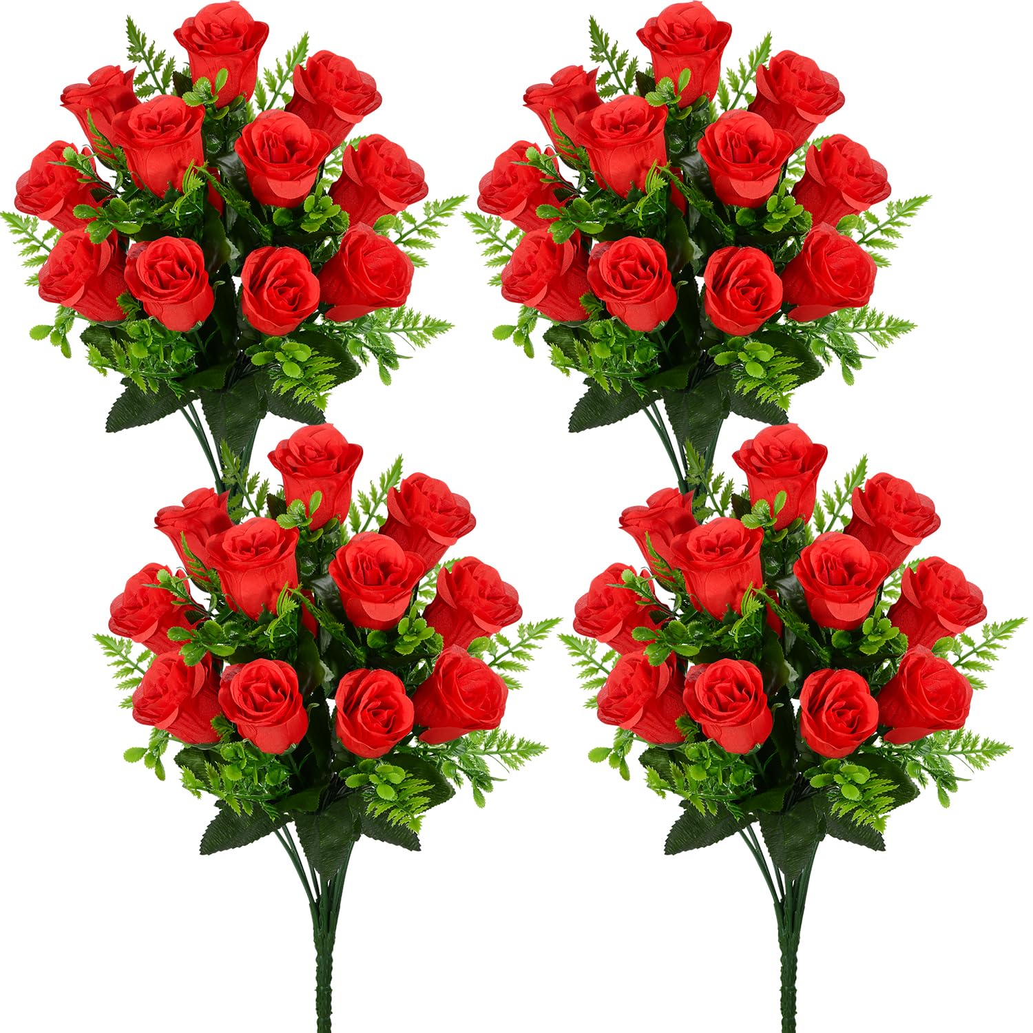 Artificial Rose Flowers Bouquet Realistic Silk Rose Fake Flowers For Wedding Home Centerpieces Party Cemetery Grave Decoration (4 Bouquets, Red)