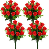 Artificial Rose Flowers Bouquet Realistic Silk Rose Fake Flowers For Wedding Home Centerpieces Party Cemetery Grave Decoration (4 Bouquets, Red)
