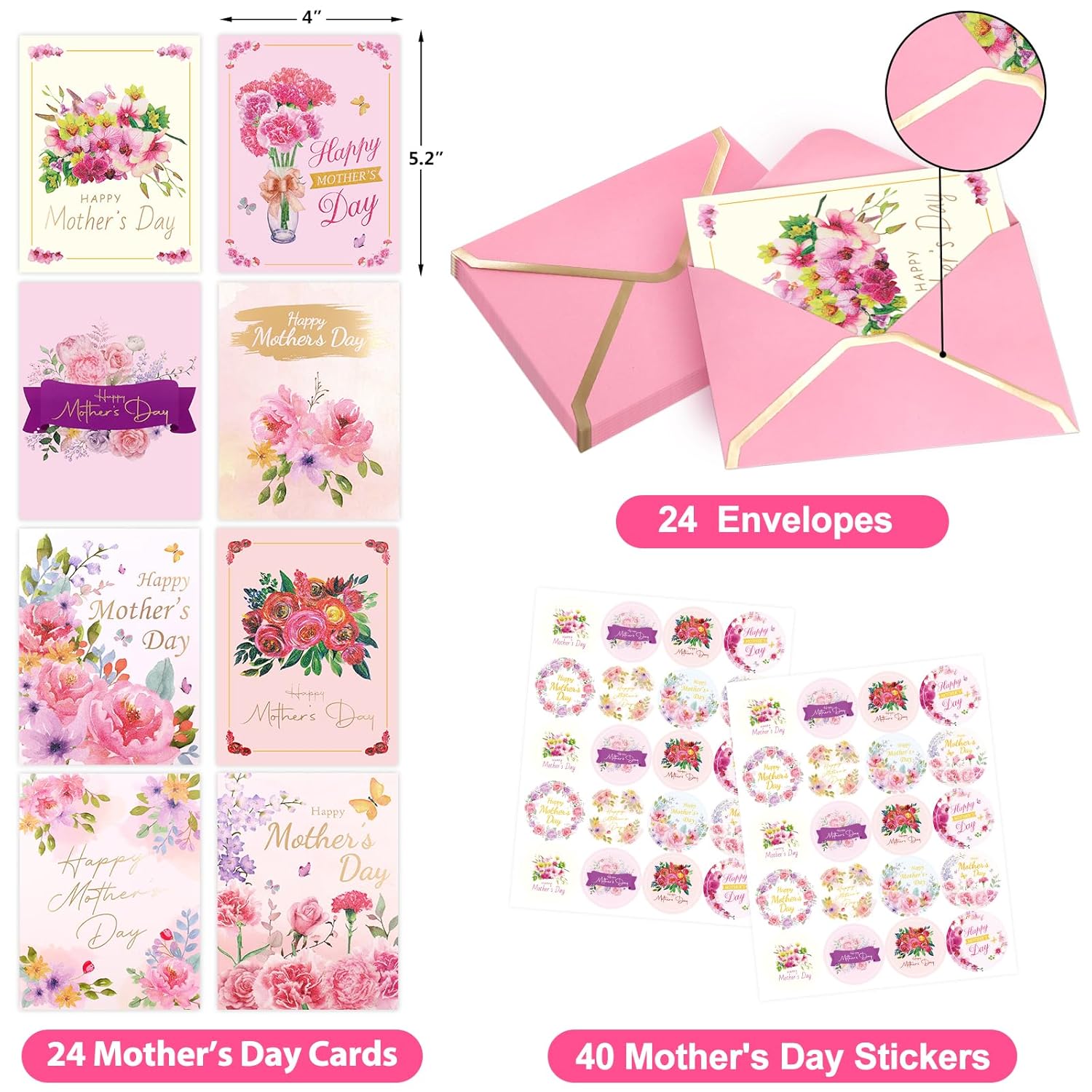Mothers Day Cards Bulk 24 Pack Glitter Floral Mothers Day Cards With Envelopes Gift For Mom Blank Inside