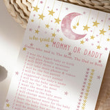 Twinkle Little Star Baby Shower Game For Girls - 25 Guess Who Mommy Or Daddy Game Cards - Fun Guessing Activities For Guests - Star And Moon Theme In Pink