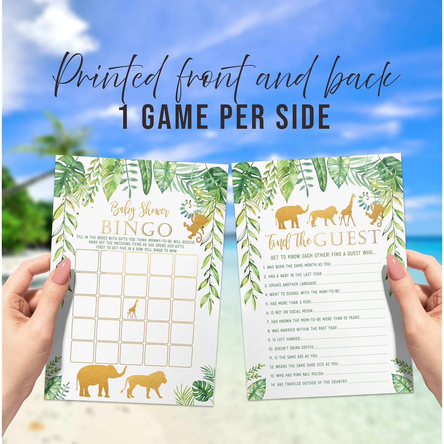 Jungle Baby Shower Games - 25 Each - Bingo, Find The Guest, The Price Is Right, Who Knows Mommy Best - Jungle Animals Theme - Printed Front And Back, 1 Game Per Side