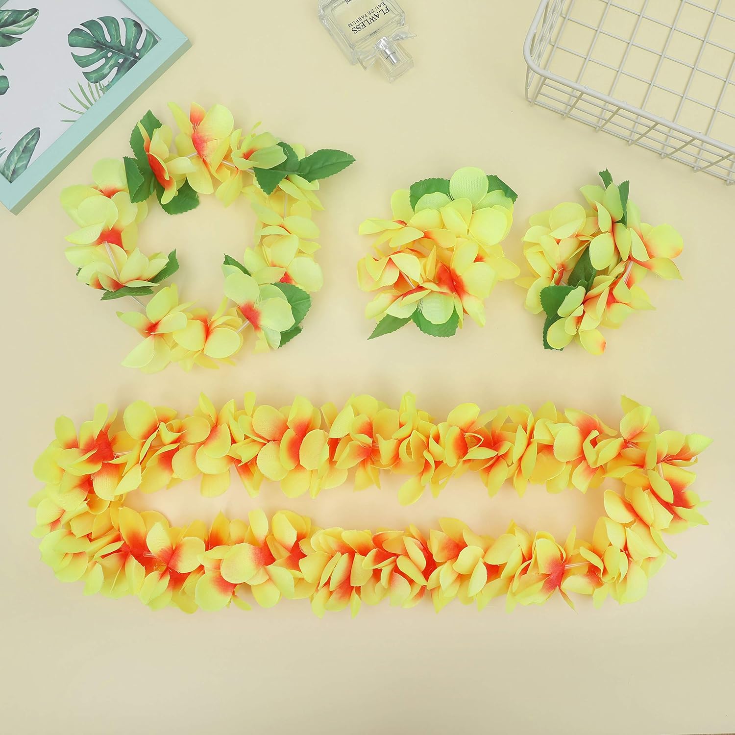 Lush Hawaiian Headpiece,Hawaiian Flower Leis Jumbo Necklace Bracelets Headband Set With Leaf For Hawaiian Luau Party Decoration Supplies (With Green Leaves) (Yellow Set)