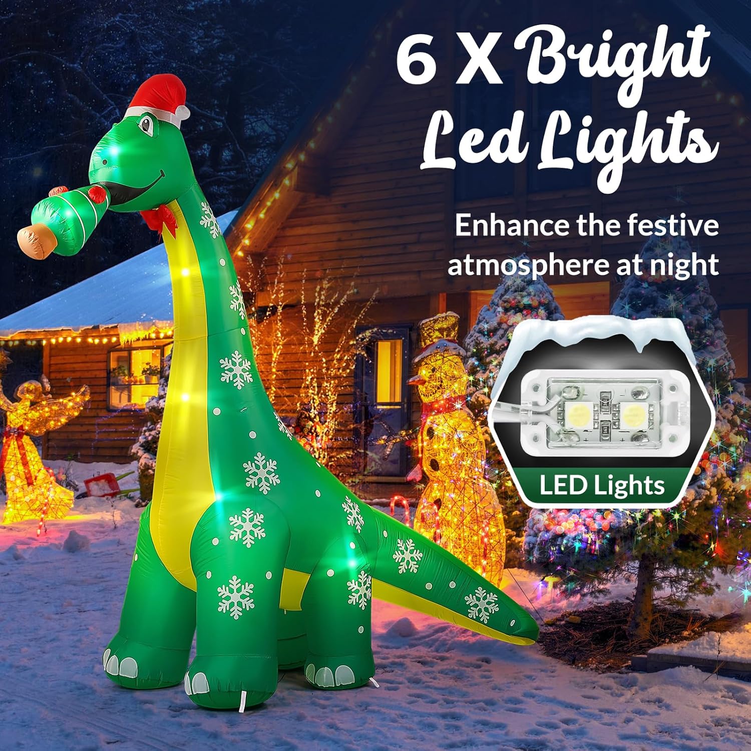10 Ft Dinosaur Christmas Inflatable Outdoor Decoration, Lighted Dinosaur Christmas Blow Up With Xmas Hat And Tree, Xmas