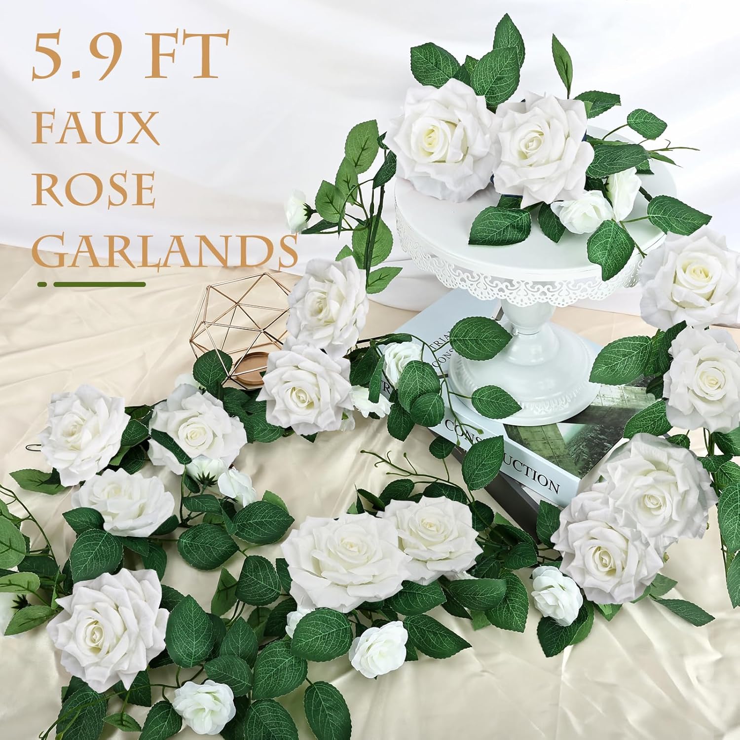 Pack Of 2 Artificial Rose Garlands, 5.9 Ft Flower Floral Vine For Wedding Arch Aisle Mantle Table Runner Centerpieces Backdrop Patio Decorations - White