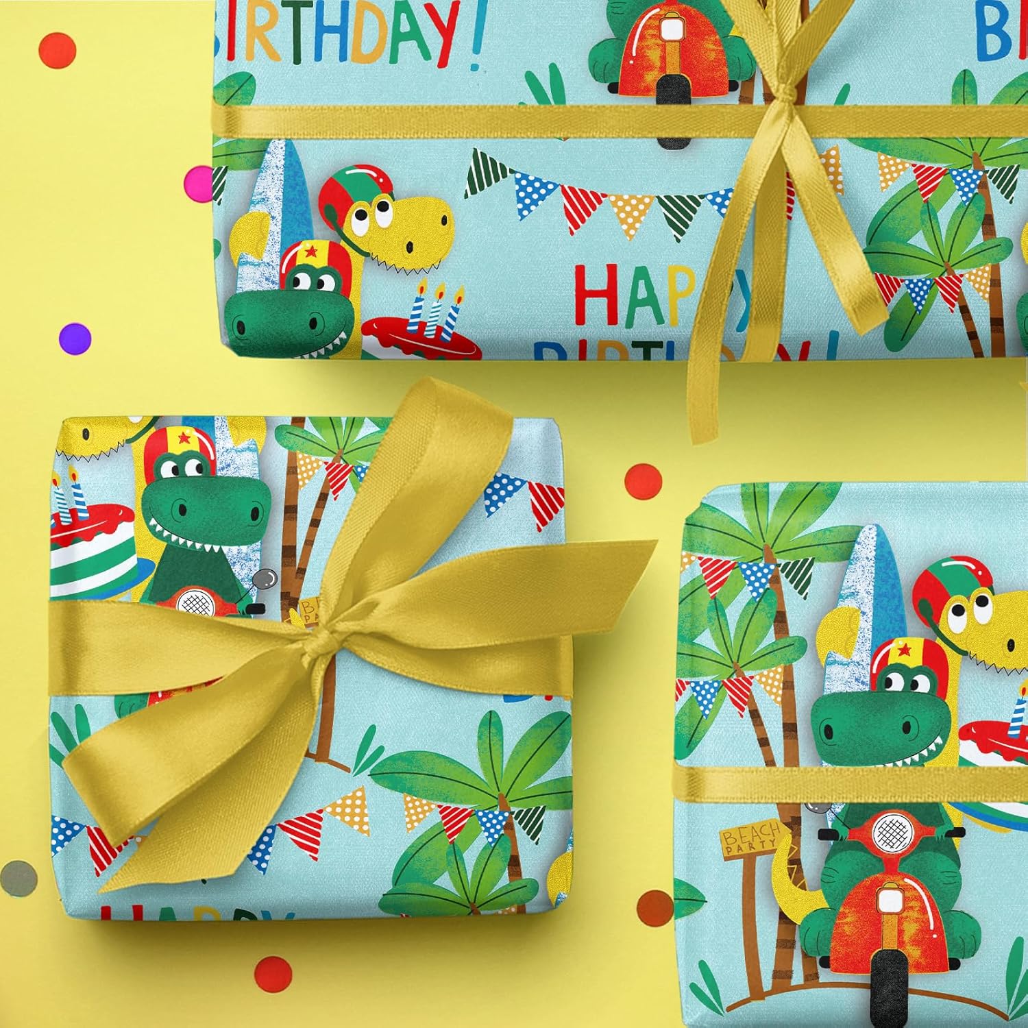Birthday Dinosaur Wrapping Paper Roll - Mini Roll - 17 Inch X 9.8 Feet - Dinosaur And Happy Birthday Wrapping Paper, Perfect For Girl Kids Boy, Baby Shower, Party, Holiday