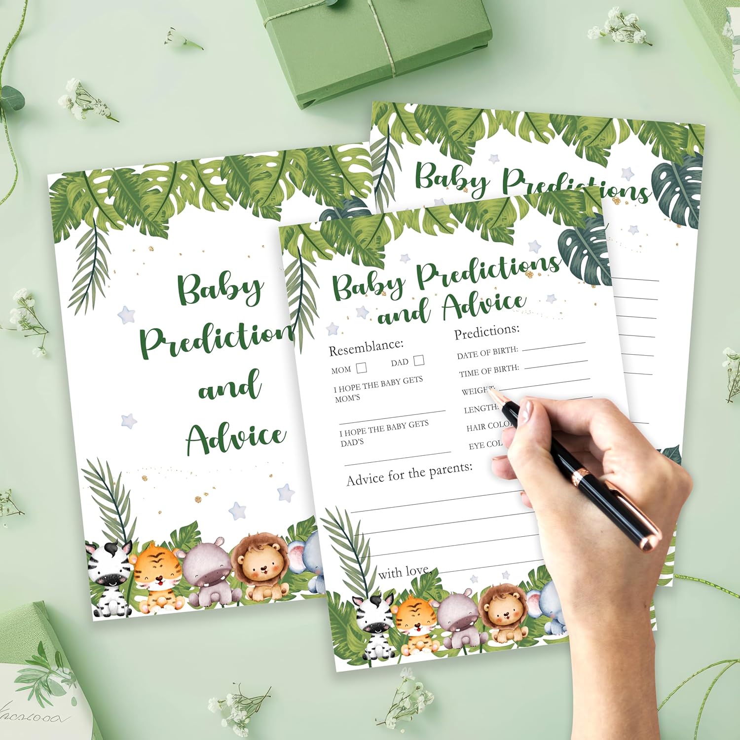 Safari Animals Baby Shower Games Cards, Baby Predictions And Advice Cards For New Parents Babyshower Activity, Wildlife Gender Reveal Party Games For Decorations Favors Supplies, Set Of 25 -06