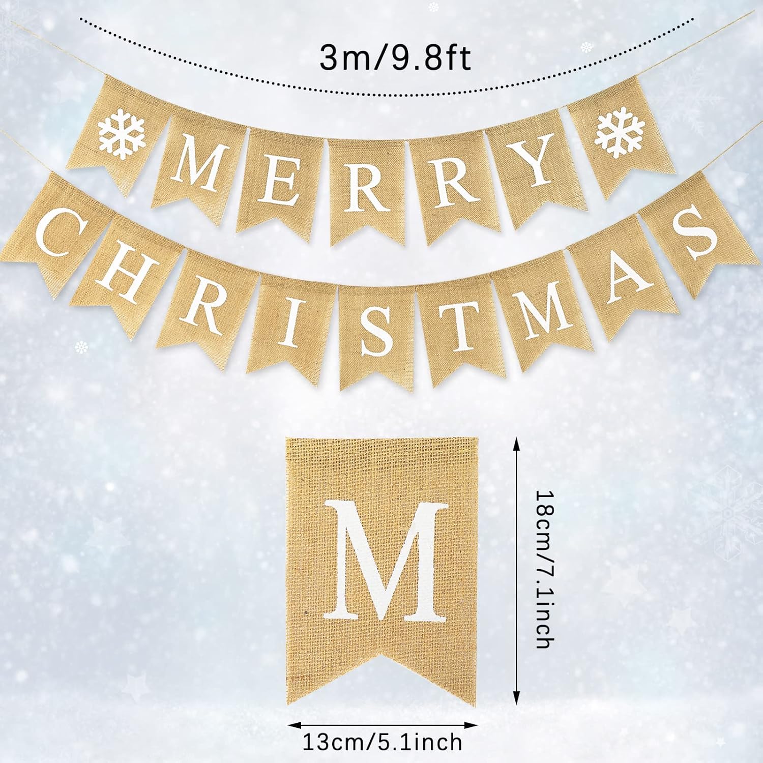 Merry Christmas Burlap Banner Christmas Snowflake Pre-Assembled Bunting Garland Xmas Tree Decor For Fireplace Wall Indoor Outdoor Xmas Party Decoration Photo Prop