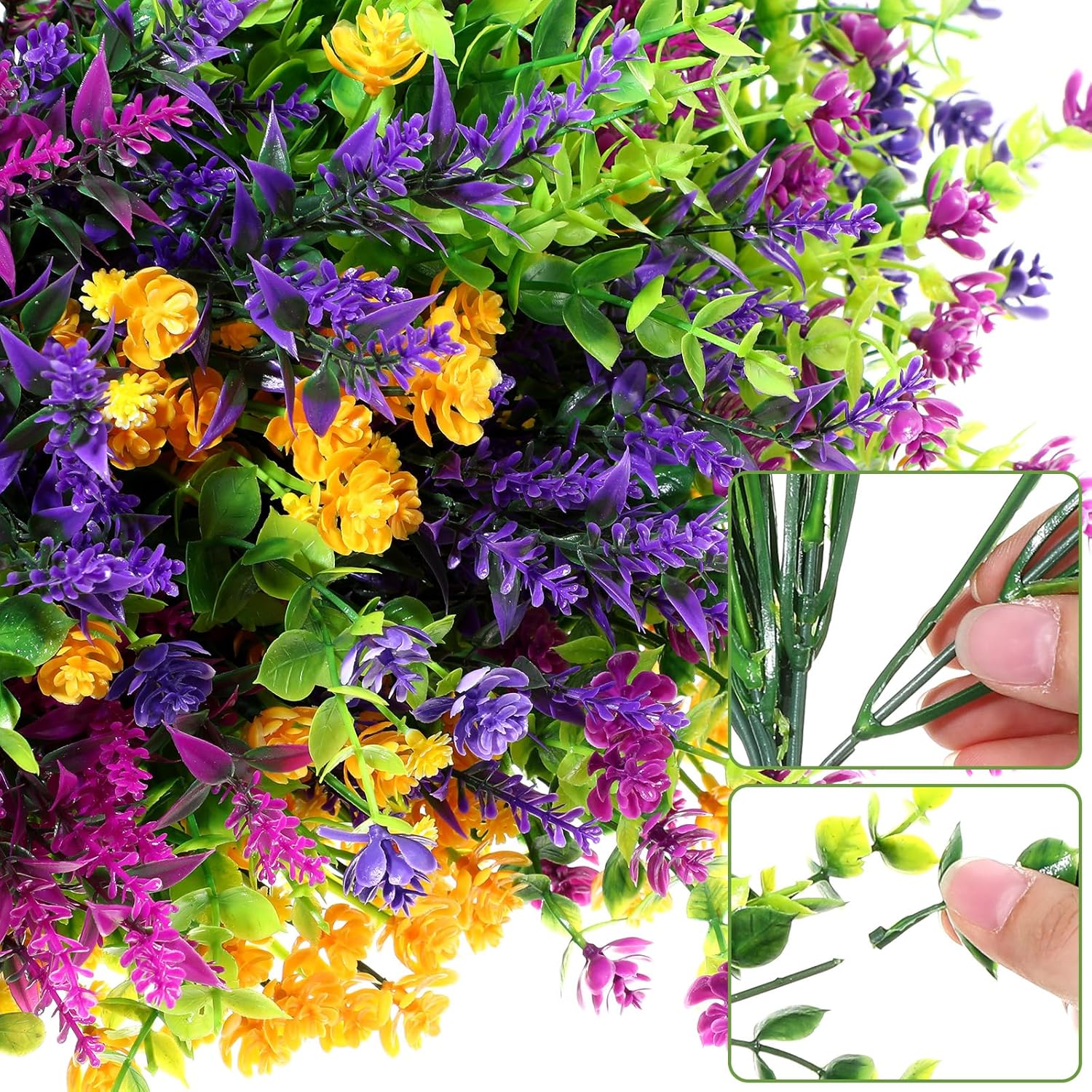 48 Bundles Artificial Faux Flowers Plastic Flower Plants Faux Outdoor Flowers Boxwood Plastic Shrubs Plants For Patio Porch Garden Home Farmhouse Vase Pots Hanging Planters (Classic)