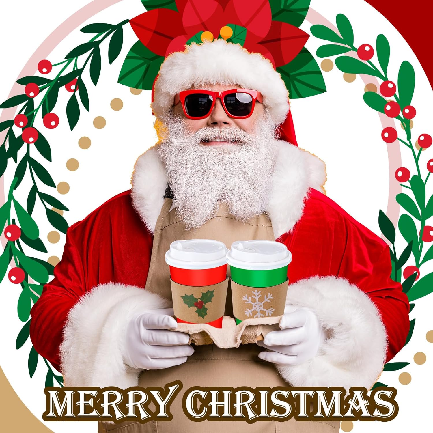 50 Pack 16 Oz Christmas Disposable Coffee Cups With Lids And Sleeves Merry Christmas Paper Coffee Cups Red And Green Drinking Cup For Beverage Cold Hot Drinks Holiday