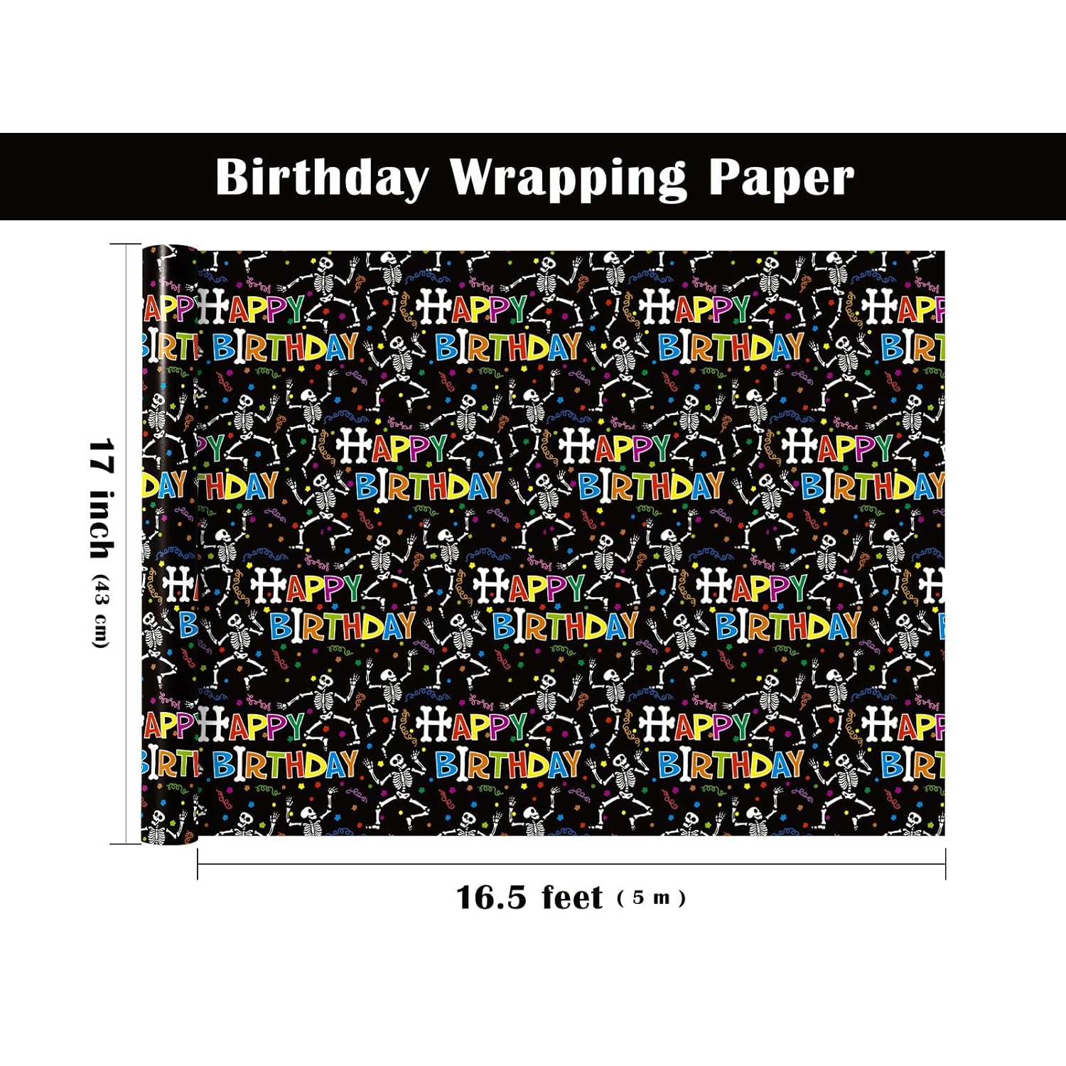 Birthday Wrapping Paper Roll - Mini Roll - 17 Inch X 16.5 Feet - Colorful Skeletons And Happy Birthday Wrapping Paper For Kids Girls Boys, Halloween