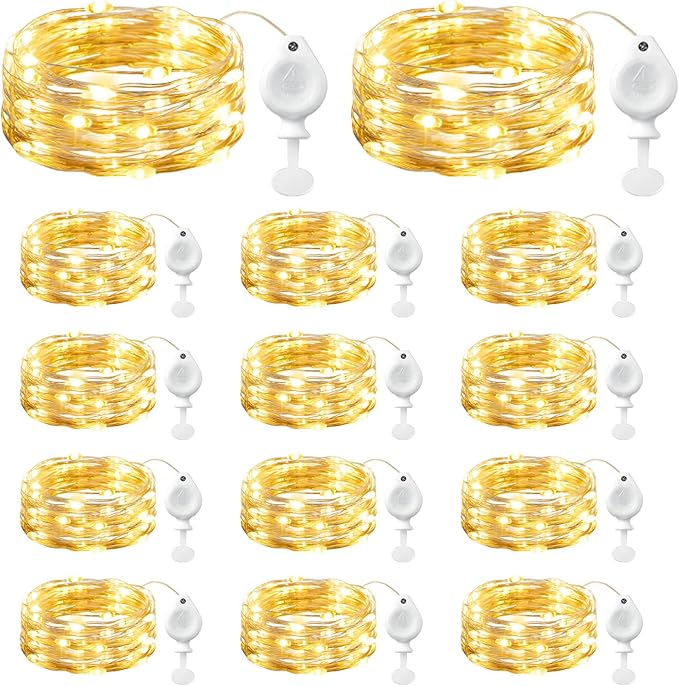 14 Pack Battery Operated Fairy Lights 7FT 20 LED Warm White Waterproof Silver Wire String Lights for Mason Jars Wedding Decor