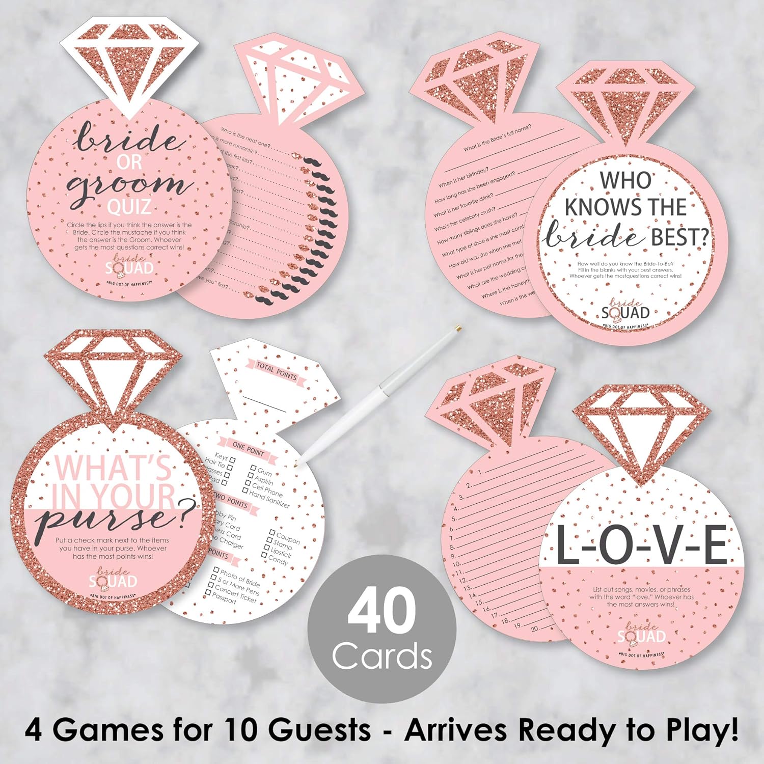 Big Dot of Happiness Bride Squad - 4 Rose Gold Bridal Shower or Bachelorette Party Games - 10 Cards Each - Gamerific Bundle