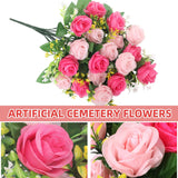 Artificial Cemetery Flowers,Set Of 2 Grave Memorial Flowers With Vase, Outdoor Grave Decorations Roses,Silk Flowers For Cemetery Headstones Decoration (Pink)