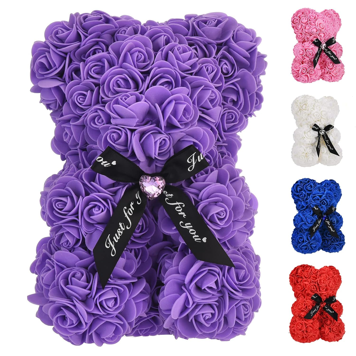 Artificial Rose Flower Bear,Perfect Romantic Gift For Her, Valentine'S Mother'S Day, Christmas, Birthday,Thanksgiving Party Anniversary Girl Friend Wife With Heart-Shaped Diamond,Purple.