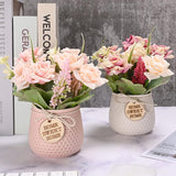 Artificial Flowers With Vase, 2Pcs Pink Silk Roses In Pot, Fake Flowers Bouquet Decoration In Ceramics Vase Faux Floral Arrangement For Table Centerpieces Spring Decor Home Office Farmhouse