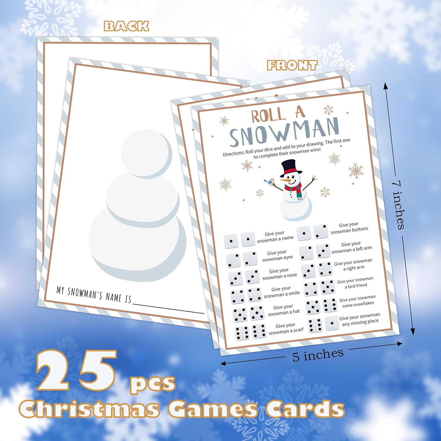 Roll A Snowman Dice Game, Christmas Candy And Family Party Games, Ice Breaker Winter Activity For Teens, 25 Game Cards