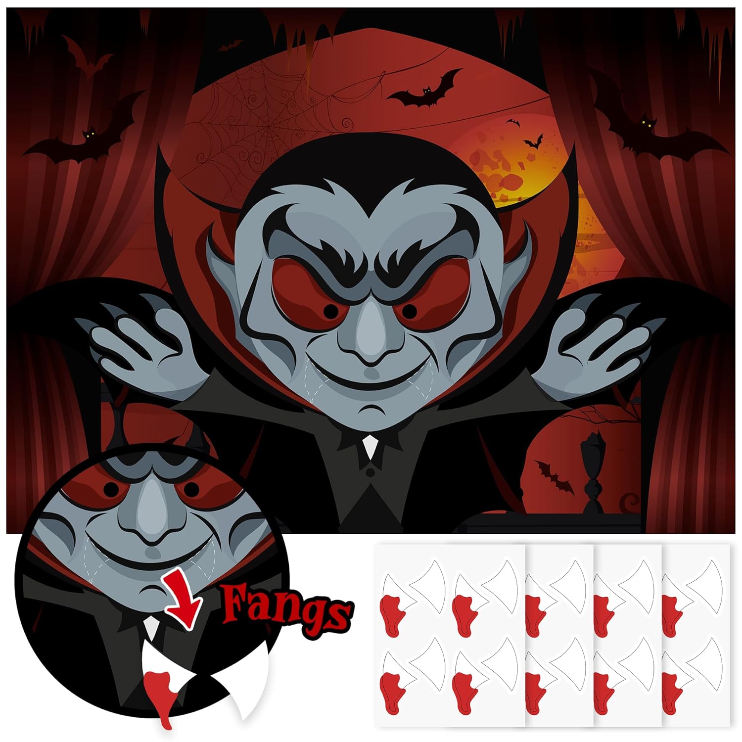 Pin The Fangs On The Vampire Halloween Party Games Poster With 24 Stickers Entertaining Activity Holiday Carnival Celebrations Birthday Party Decorations Supplies Haunted House Wall Decor