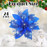 24 Pieces Poinsettia Christmas Decorations Glitter Poinsettia Flowers 5.5 Inch Poinsettias Artificial Christmas Flowers For Christmas Tree Ornament Party Decorations Wreath Garlands(Royal Blue)