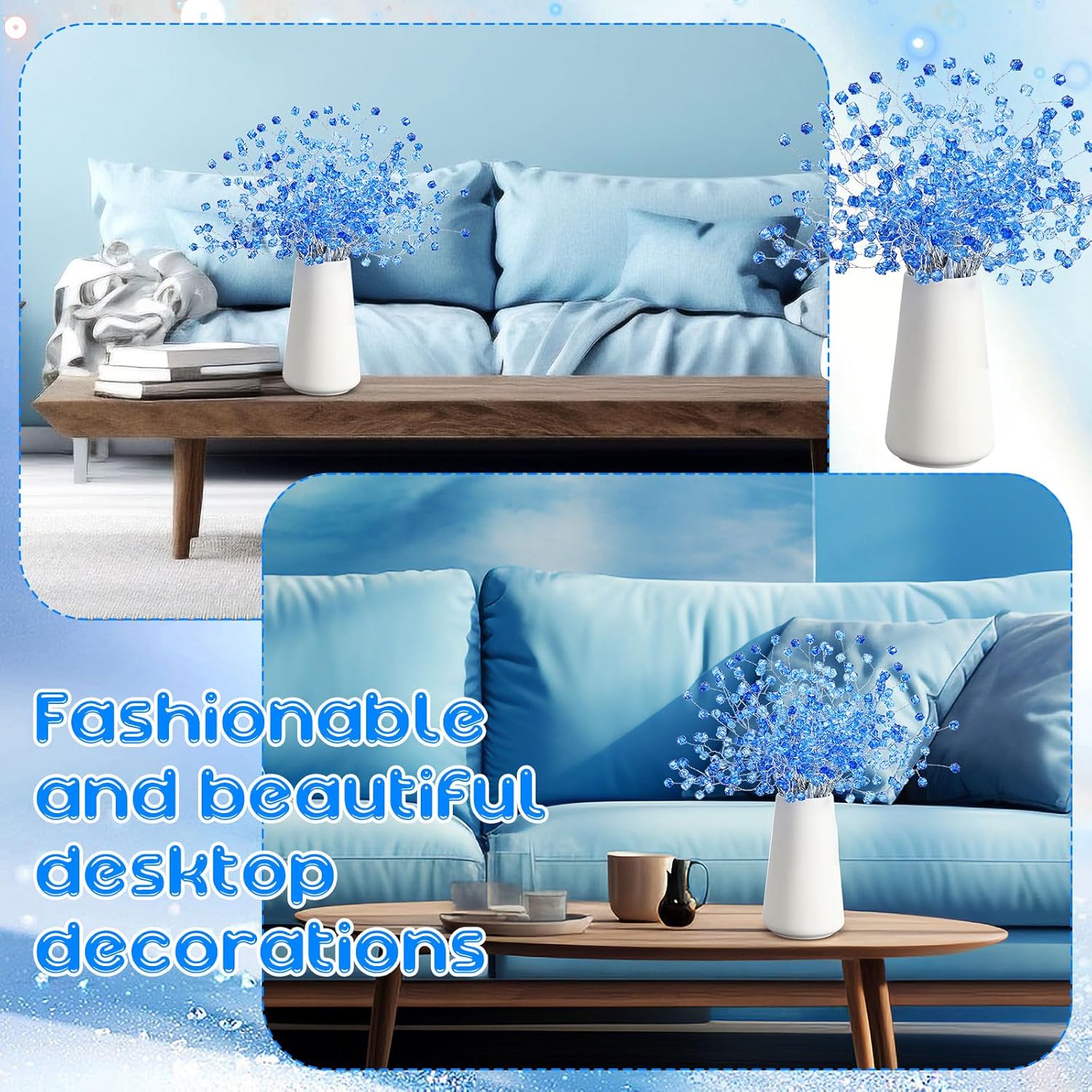 50 Pcs Acrylic Crystal Picks 12 Inch Artificial Beaded Stems Picks For Home Wedding Holiday Vase Fillers Florals Embellishing Diy Crafts Wreaths Bridal Bouquets Decors(Blue)