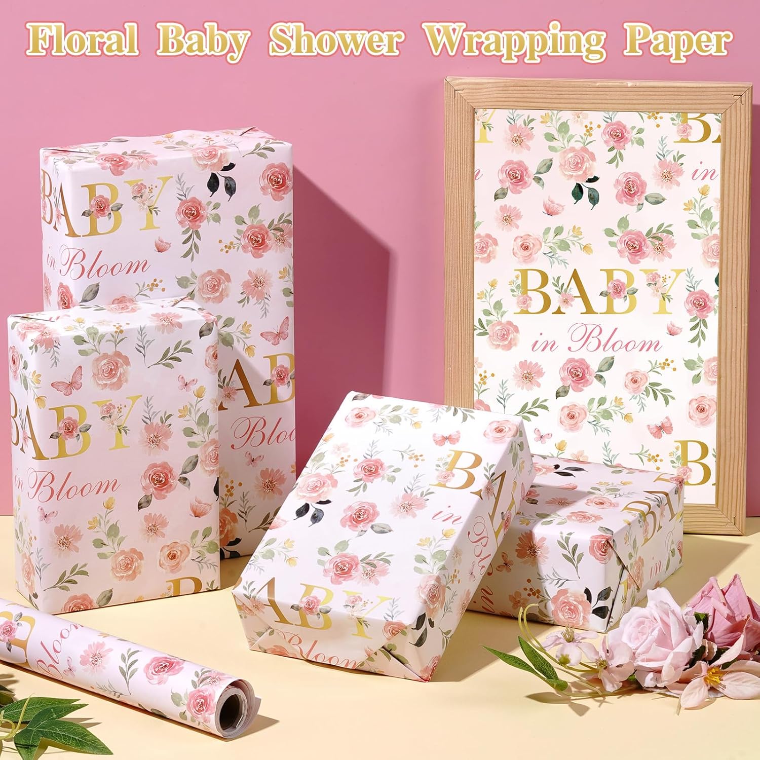Baby Girl Gift Wrapping Paper Roll Flower Baby Shower Theme Wrapping Paper Pink Newborn Gift Wrap With Rose Green Leaf Butterfly Design For Birthday Christmas Party Supplies, 17 Inch X 16.4 Feet