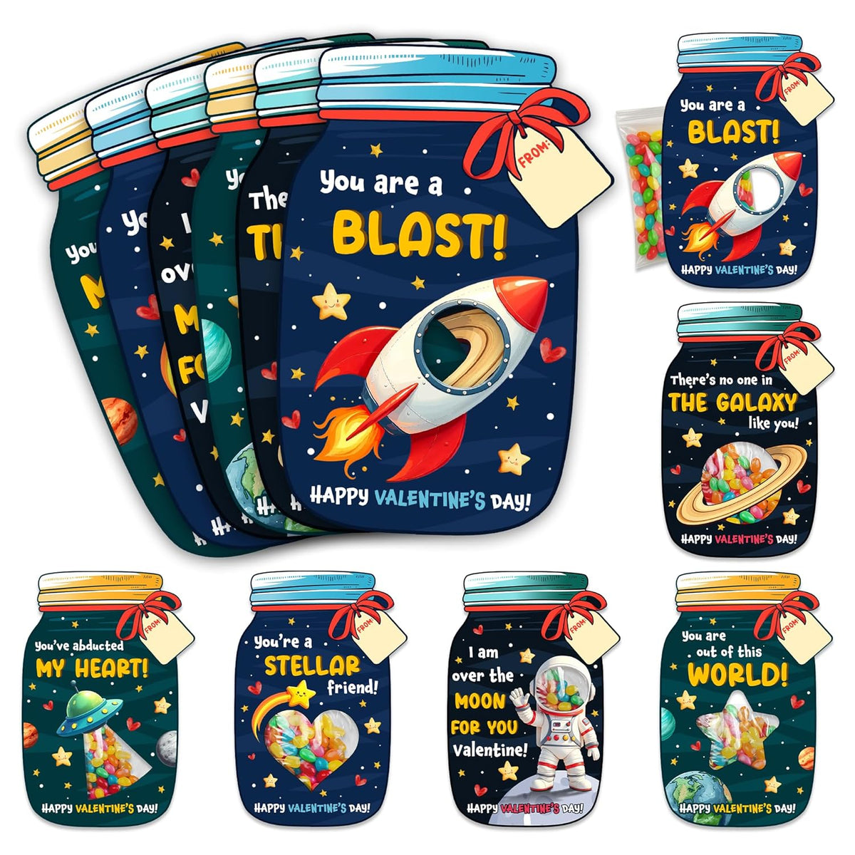 36 Packs Space Valentines Day Cards - Kids Valentines Cards For School Classroom Party Favors - Space Astronaut For Kids, 3.7''X 5.6'' Mason Jar Greeting Card Exchange (Candy Not Included)