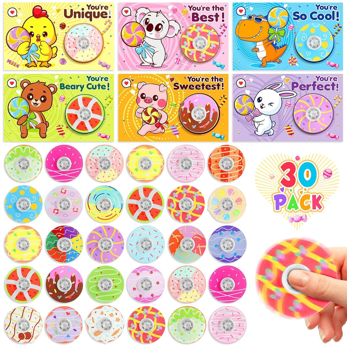 Valentines Day Cards For Kids School, 30 Pack Valentines Day Cards With Donut Fidget Spinners, Valentines Day Gifts For Kids Classroom Exchange, Prize, Valentine'S Party Favors For Boys Girls