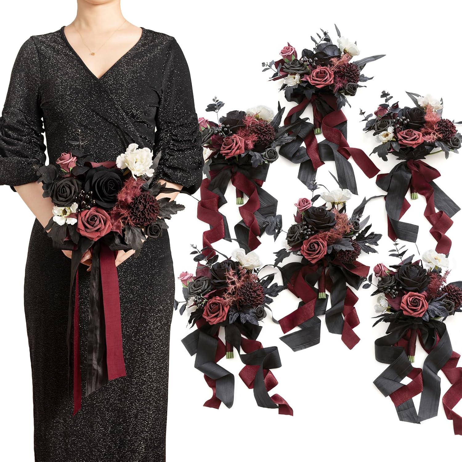 Artificial Bridesmaid Bouquets Set Of 6,Black Wedding Flower Bouquets Burgundy Floral Bouquet Gothic Bridal Bouquets With Ribbon,Ceremony,Anniversary,7-Inch Diameter