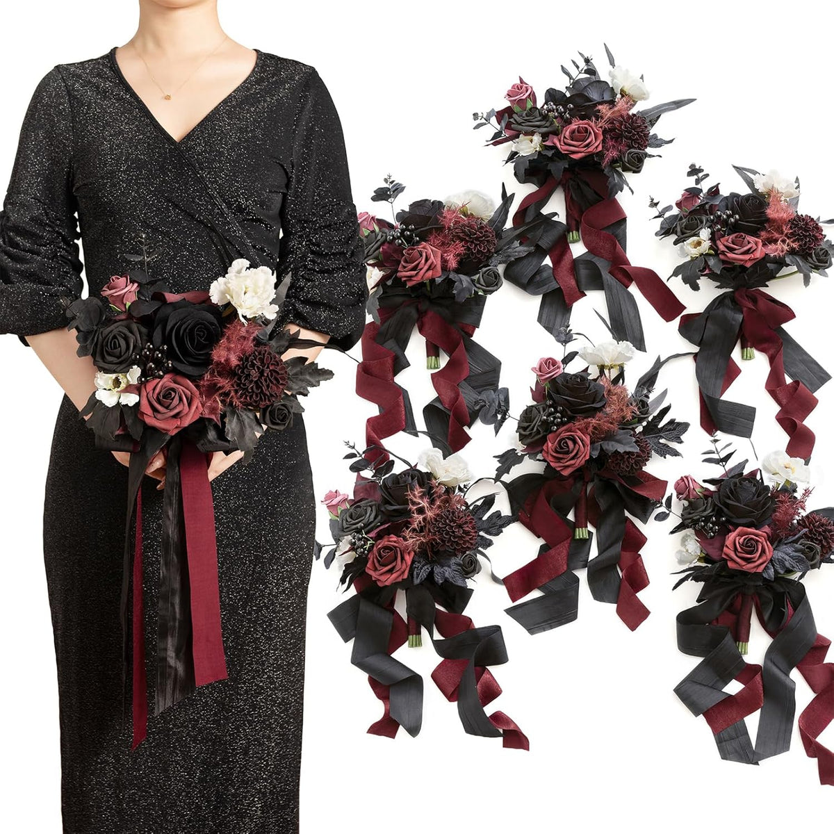 Artificial Bridesmaid Bouquets Set Of 6,Black Wedding Flower Bouquets Burgundy Floral Bouquet Gothic Bridal Bouquets With Ribbon,Ceremony,Anniversary,7-Inch Diameter