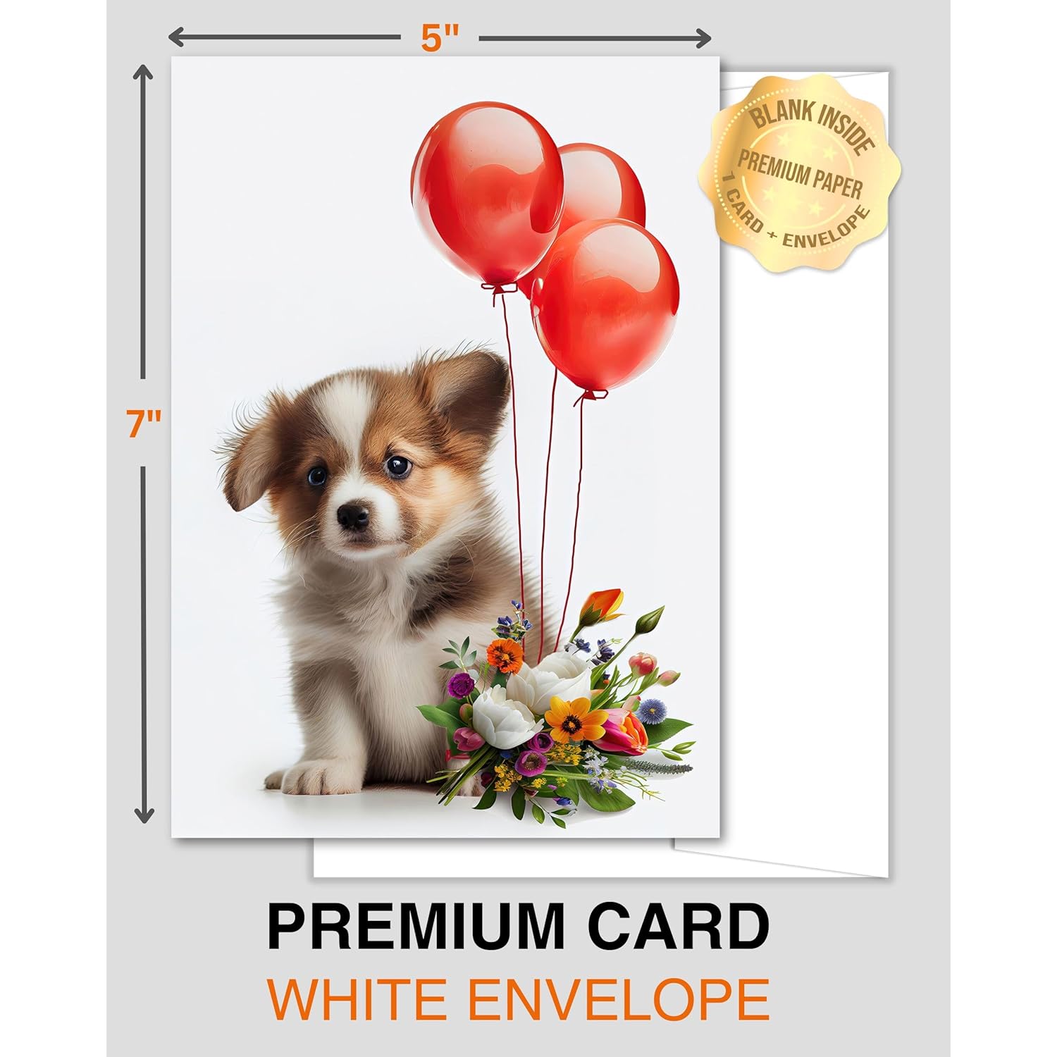 Puppy With Red Balloons And Flowers All Occasions Greeting Card From Unique Dogs Party Delights Collection Large 5X7 Inch Blank Inside With Envelope