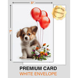 Puppy With Red Balloons And Flowers All Occasions Greeting Card From Unique Dogs Party Delights Collection Large 5X7 Inch Blank Inside With Envelope