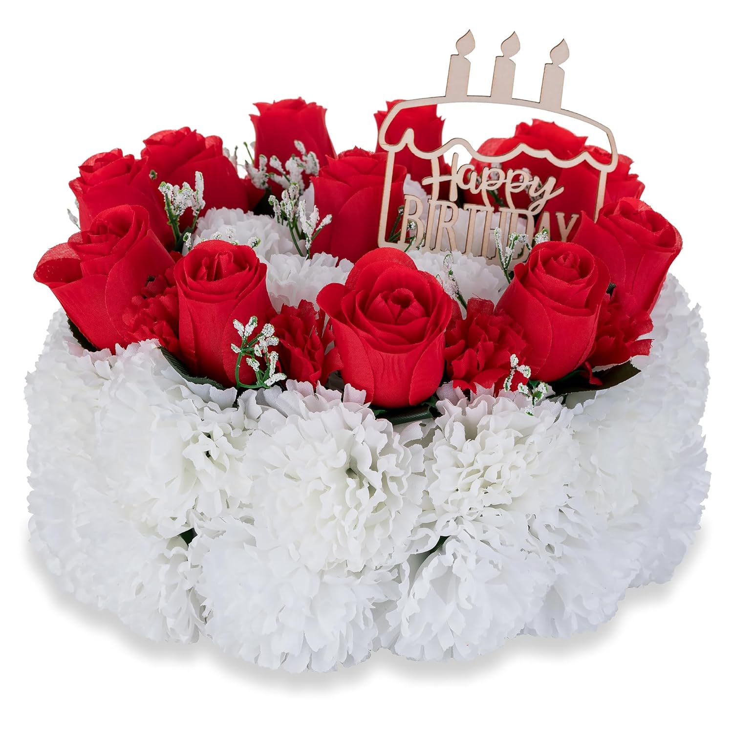 Silk Memorial Cake For Cemetery: Grave Decorations Handcrafted Fake Birthday Flowers Cake - Artificial Red Rose Gravesite Decor- Memorial Gifts For Loved Ones