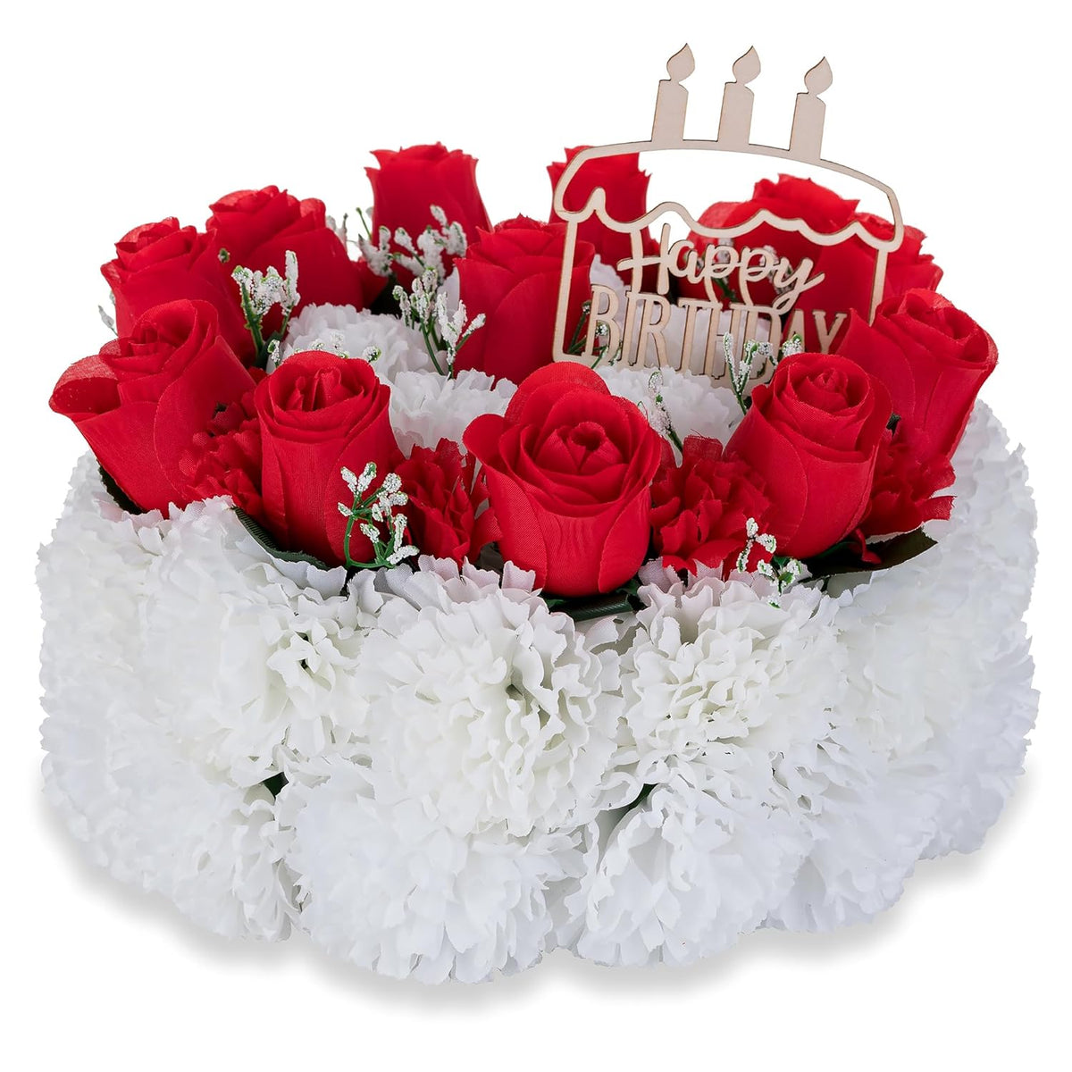 Silk Memorial Cake For Cemetery: Grave Decorations Handcrafted Fake Birthday Flowers Cake - Artificial Red Rose Gravesite Decor- Memorial Gifts For Loved Ones