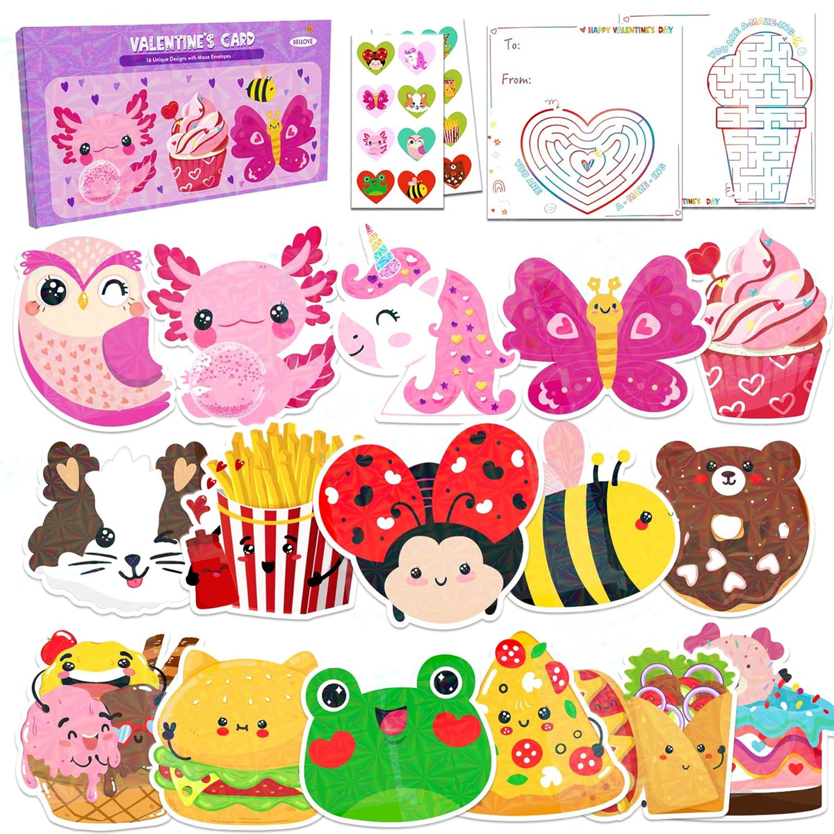 Valentines Cards For Kids School Classroom Exchange Cards With Envelopes Stickers Cute Adorable Animal Food Desserts Designs (Cute Valentine)