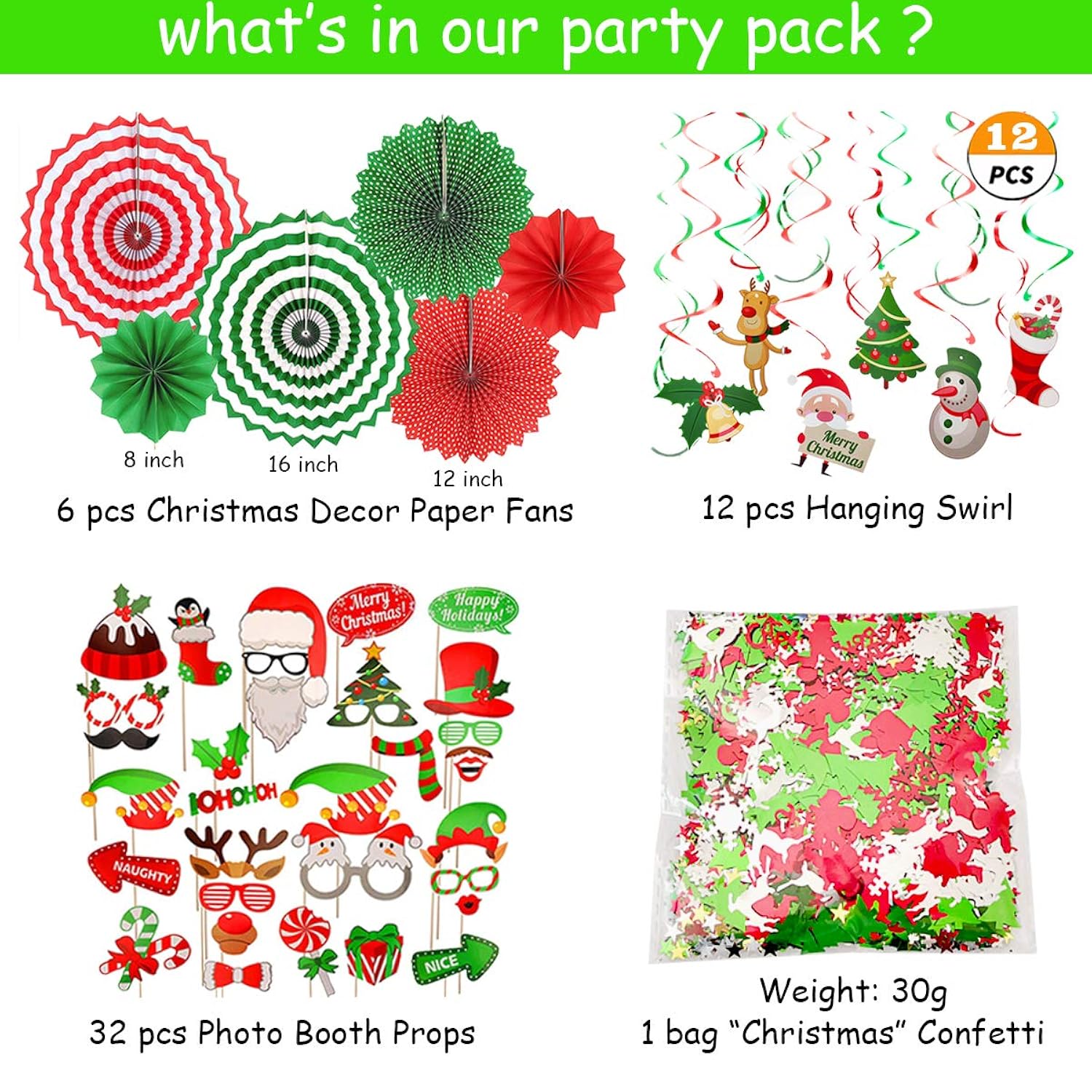 Christmas Party Decorations, Merry Christmas Decorations Supplies Include Banner, Hanging Swirls, Paper Fans, Balloon, Photo Booth Props, Confetti, For Holiday Xmas Indoor Outdoor