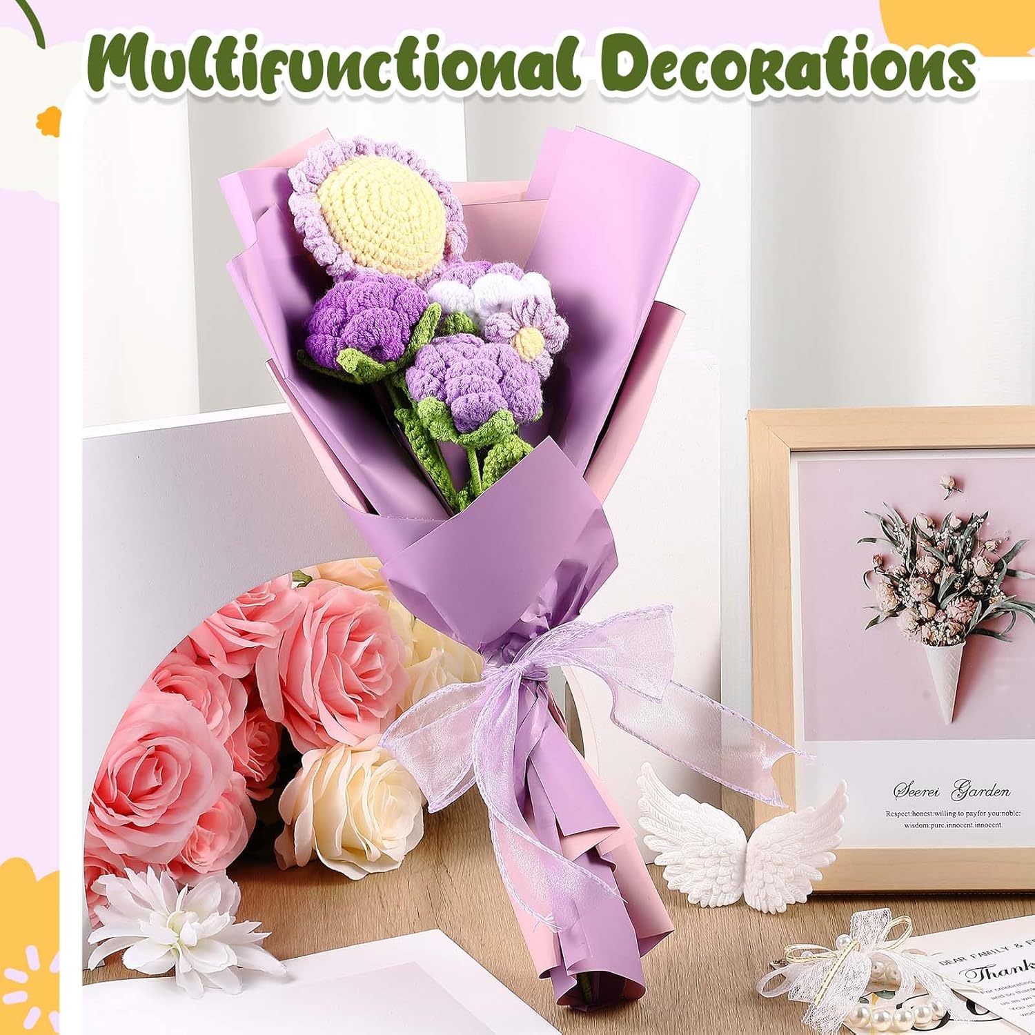 27 Pcs Crochet Flower Bouquet Gifts For Valentine'S Day, Handmade Knitted Crochet Flower Bouquet With Roses Sunflowers Daisies For Women Girlfriend Valentine'S Day(Exquisite,Purple Series)
