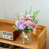 Faux Flowers With Vase, Artificial Silk Flowers In Vase, Fake Pink Lily,Purple Hydrangea And Dandelion Flower, Arrangement For Home Spring Decor Dining Table Centerpiece Decorations Coffee Table Decor