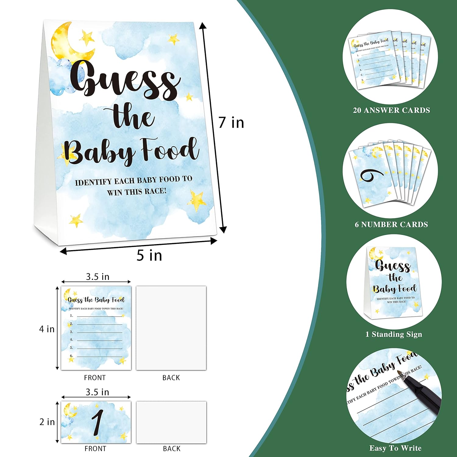 Baby Shower Game Set, Find The Baby Food Party Games(1 Standing Sign + 20 Answer Cards + 6 Number Cards), Moon And Stars Shower Games, Sleepover Gender Reveal Party Favor(A06)