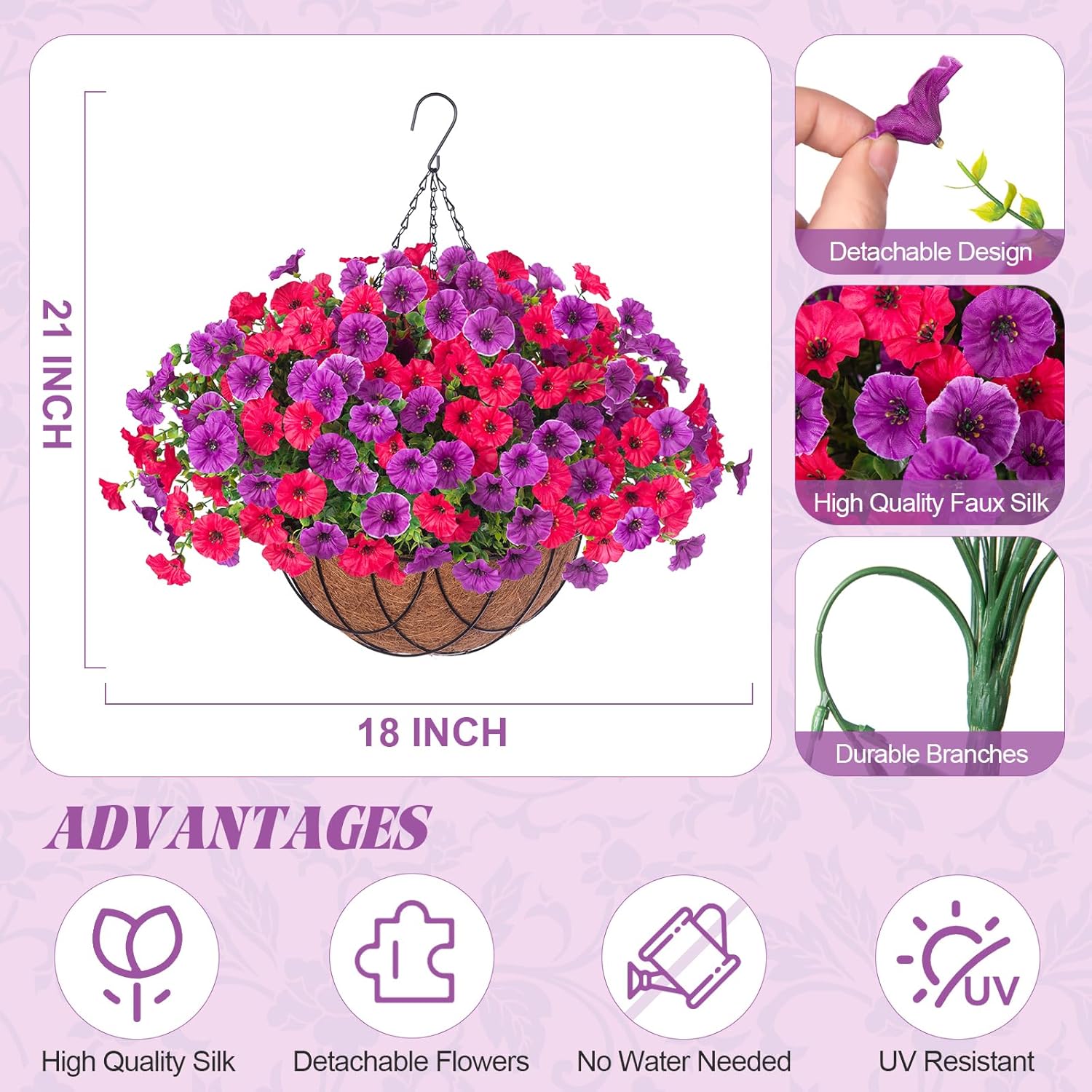 Artificial Hanging Baskets Faux Bougainvillea, Flowers Plants For Outdoor Outside Spring Decoration, Fake Silk Uv Resistant Look Real Long Trailing Vines For Front Door Porch Planter Urn Patio Balcony