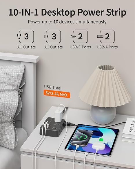 Surge Protector Power Strip 6 Outlets 4 USB Ports 2 USB C 3FT Flat Plug Extension Cord 1050J Black