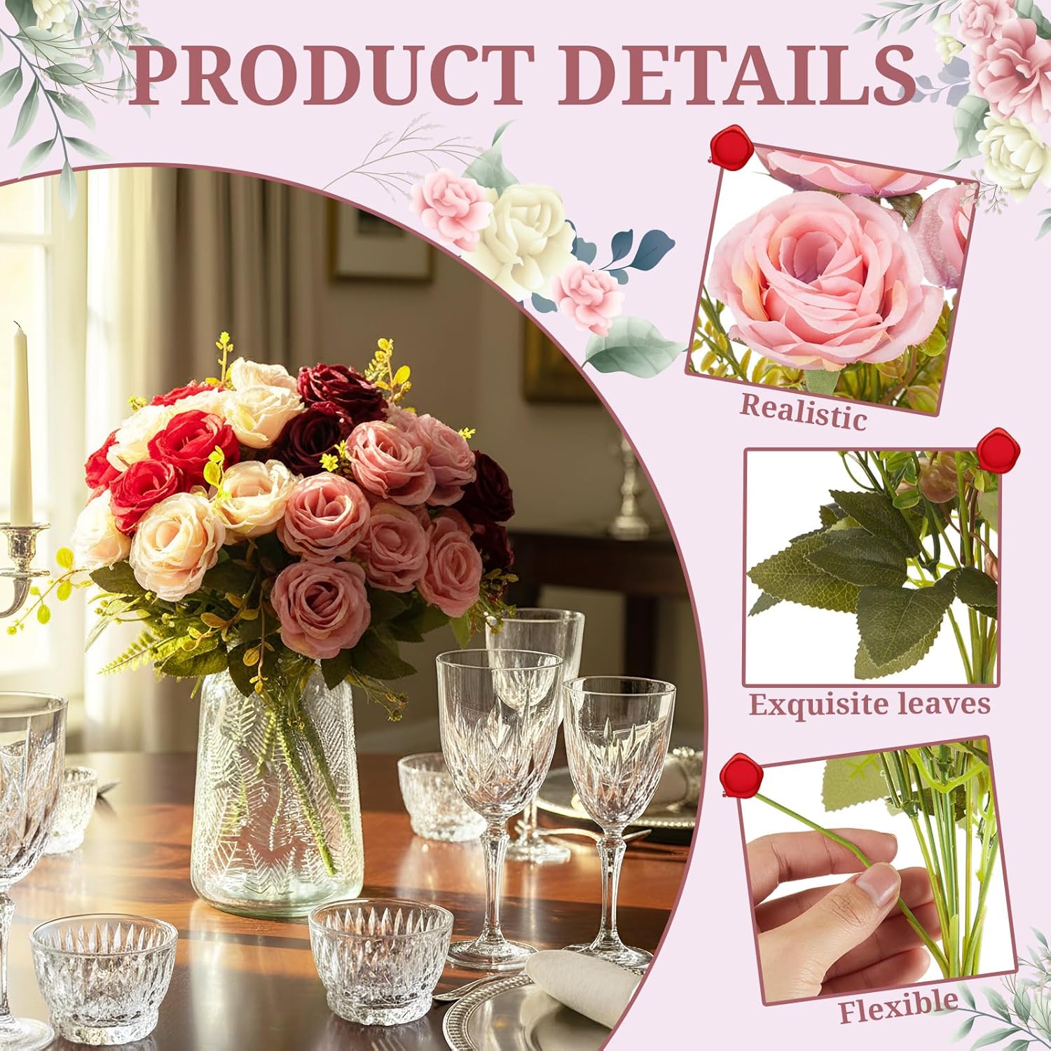 8 Bunches 72 Heads Artificial Roses Bulk With Long Stems & Leaves Mixed Pink Red Silk Rose In Bulk For Decoration Diy Wedding Arrangement Bridal Bouquets Centerpieces Valentines Home Decor
