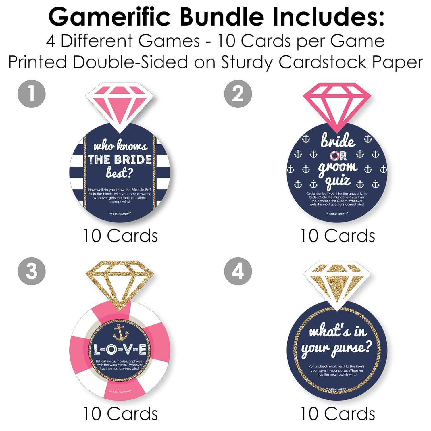 Big Dot of Happiness Last Sail Before The Veil - 4 Nautical Bridal Shower Games - 10 Cards Each - Gamerific Bundle