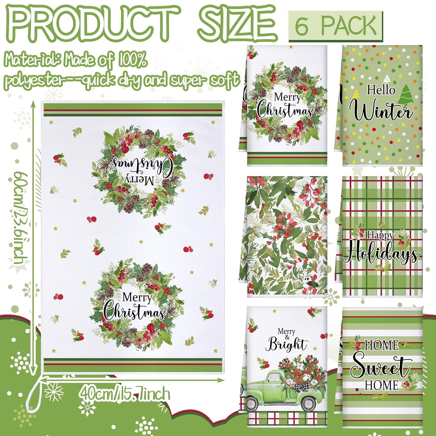 6 Pcs Merry Christmas Kitchen Towels Christmas Wreath Decorative Hand Towels Home Dish Cloth Hello Winter Farmhouse Tea Cloth Kitchen Accessories Bathroom Decor
