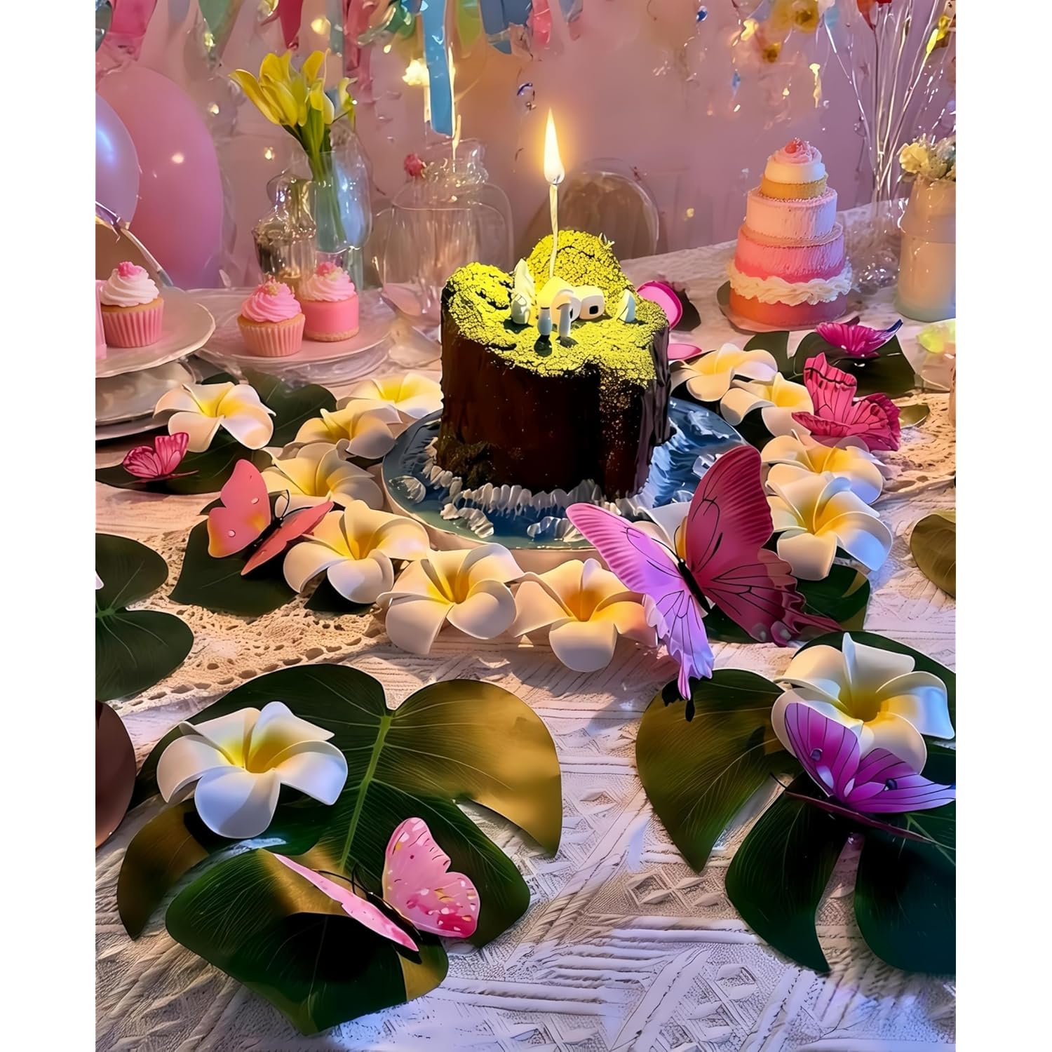 72Pcs Hawaiian Party Decor Set (Artificial Plumeria Flowers, Monstera Leaves, Butterflies & Glue) For Beach Luau, Summer Party, Jungle Theme Wedding, Birthday Table Decor