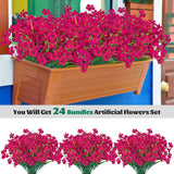 24 Pcs Artificial Flowers For Outdoor,Plastic Flowers Decoration, Uv Resistant Faux Flowers Shrubs, Artificial Plants For Indoor Outside Garden Home Wedding Farmhouse(Rose Red)