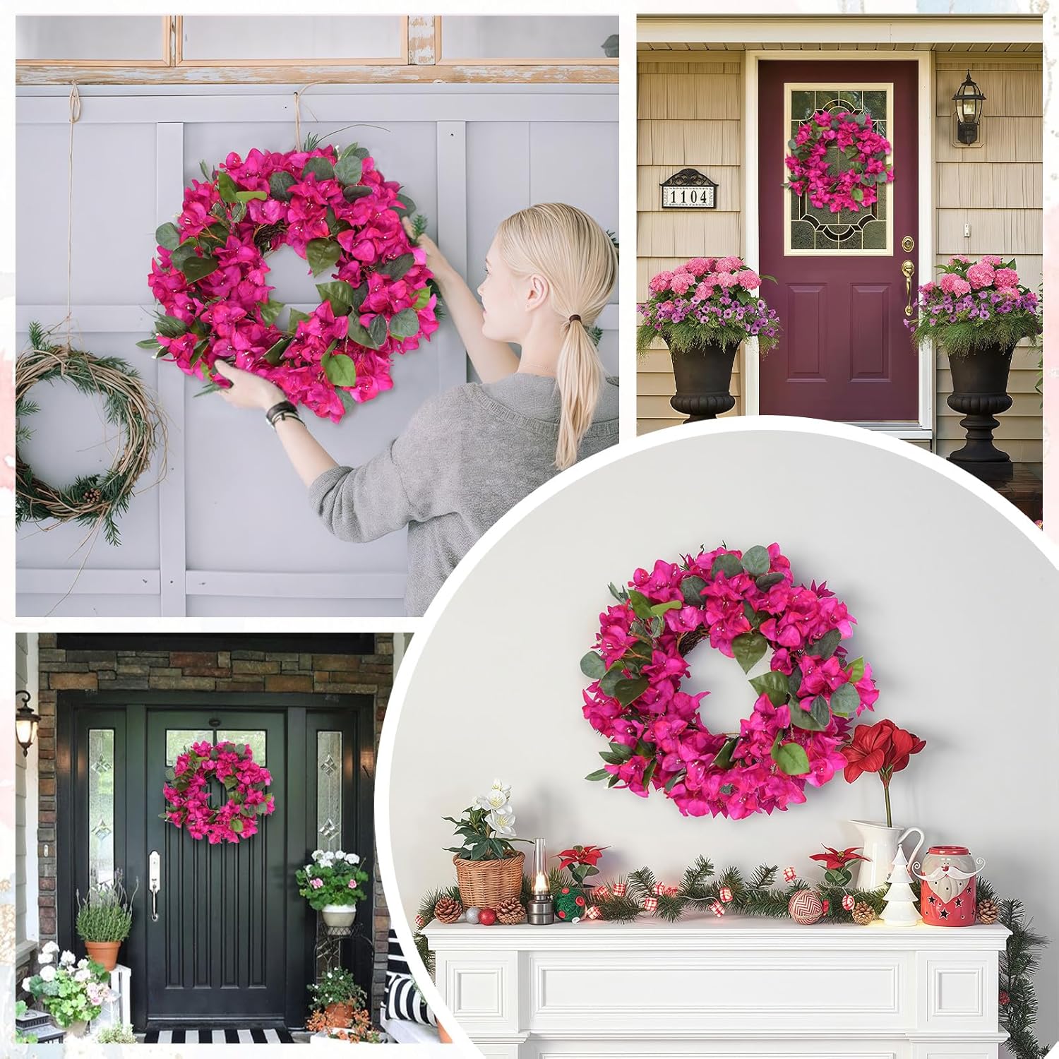 Bougainvillea Artificial Wreaths For Front Door Spring Summer Faux Silk Bougainvillea Wreath Fake Bougainvillea Flowers For Porch Wedding Home Wall Festival Indoor Outside Decor (Hot Pink)