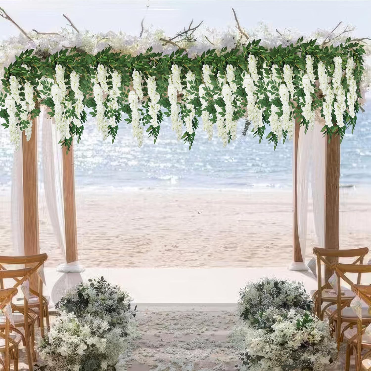 Wisteria Garland Artificial Flowers Floral Vines White 6.56 Ft Silk Fake Wisteria Flowers Garlands Hanging Flower For House Outdoor Garden Ceremony Outside Wedding Arch Floral Decor