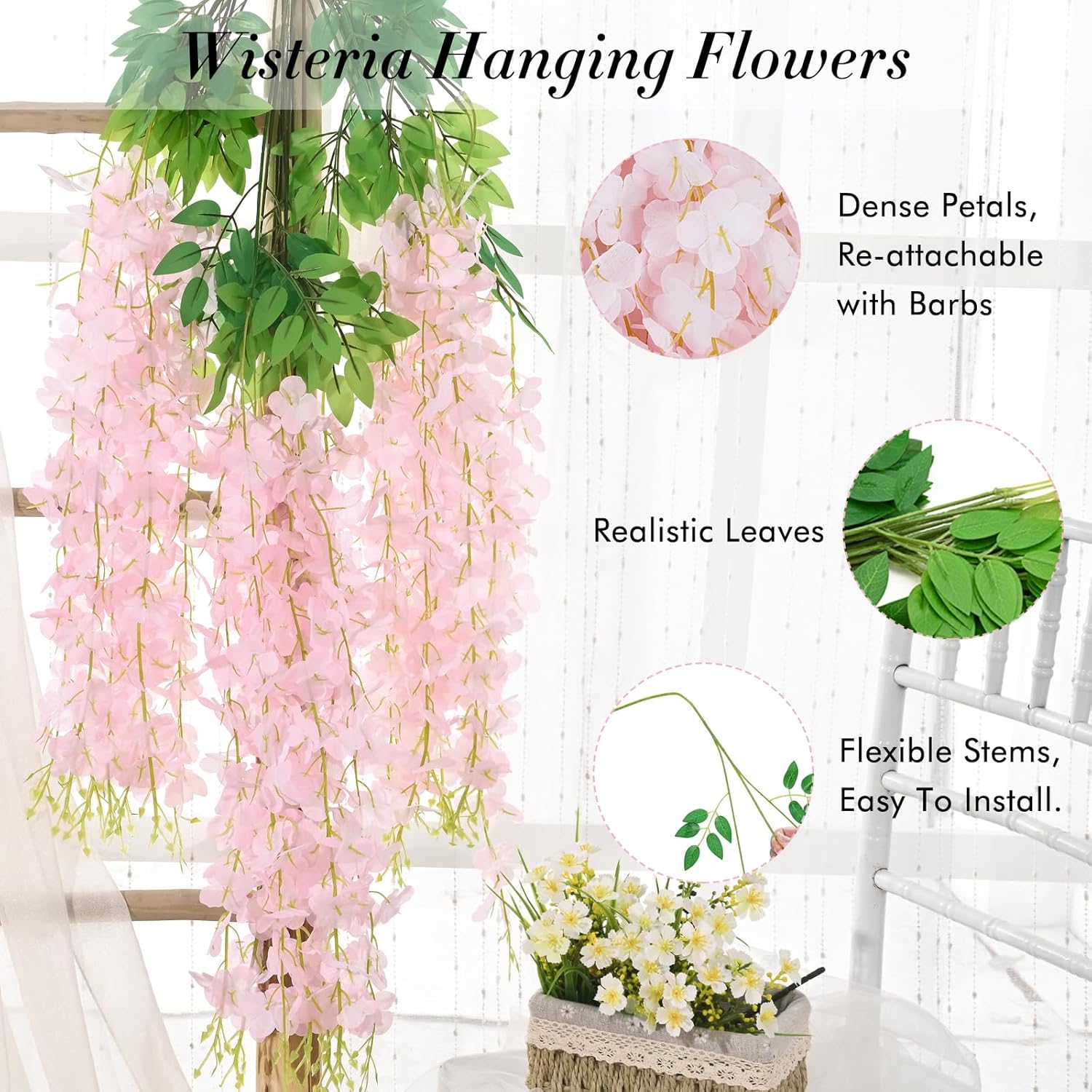40 Pack Light Pink Wisteria Hanging Flowers, Fake Hanging Flowers For Decoration, Artificial Hanging Flowers,Vines For Bedroom,Flower Garland For Home,Party,Garden, Wall,Wedding Decoration(3.6 Ft/Pcs)