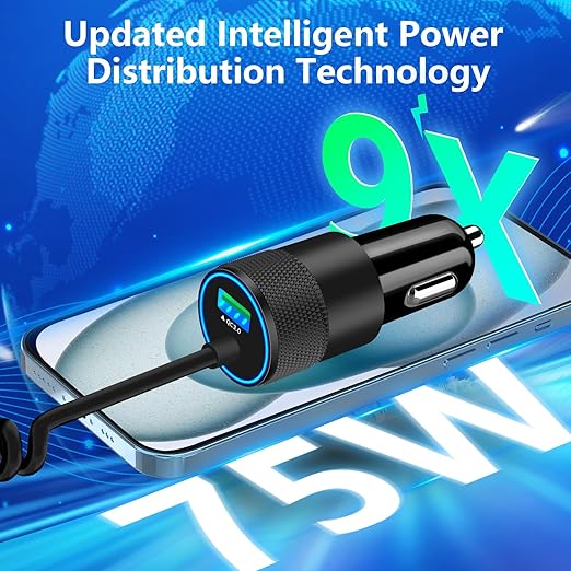 75W USB C PD QC Car Charger with 6FT Coiled Cable Fast Charging Adapter