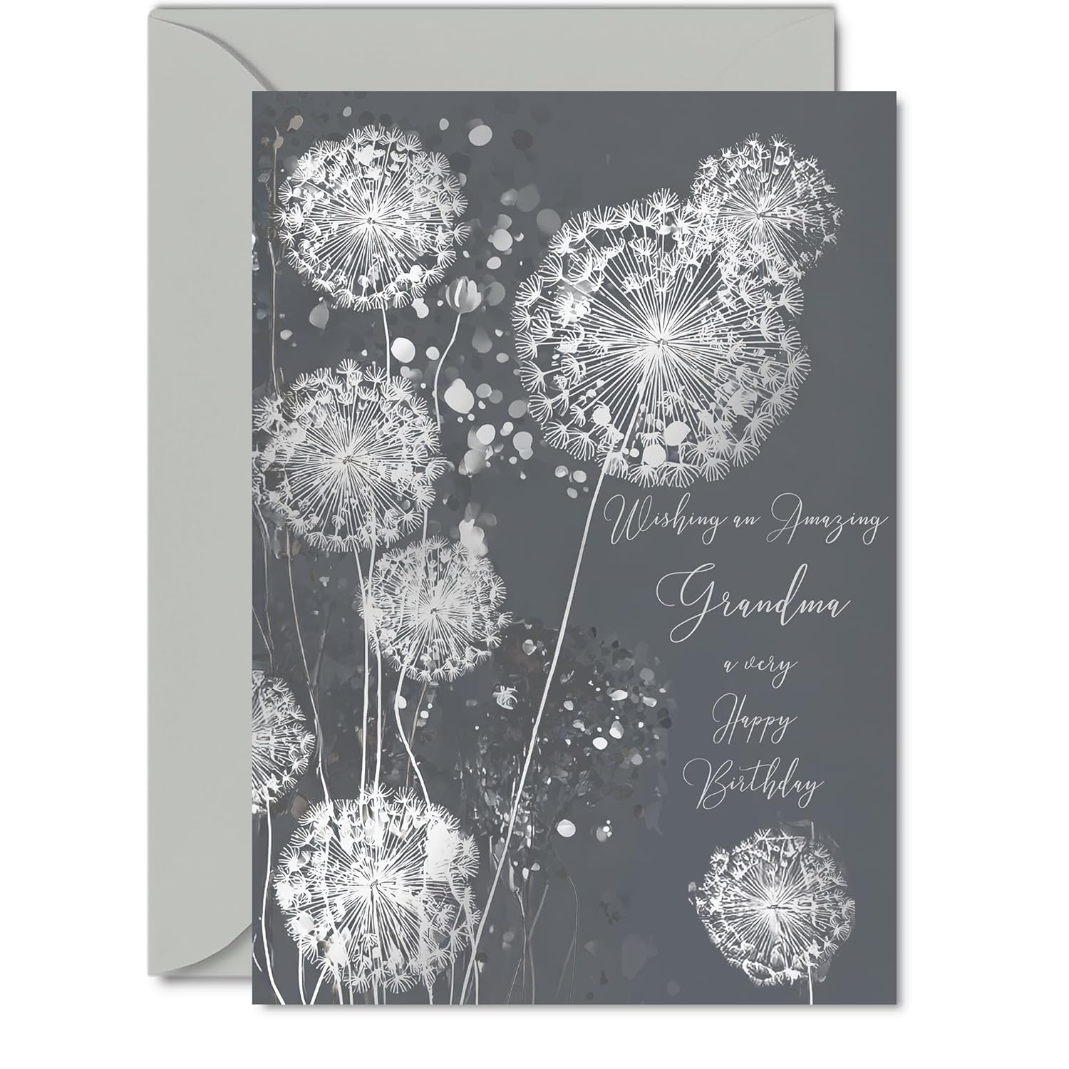 Silver Grandma Birthday Card - Shimmering Dandelions - Happy Birthday Card For Grandma From Grandson Granddaughter, 5X7 Inch Silver Elegant And Modern Bday Greeting Cards